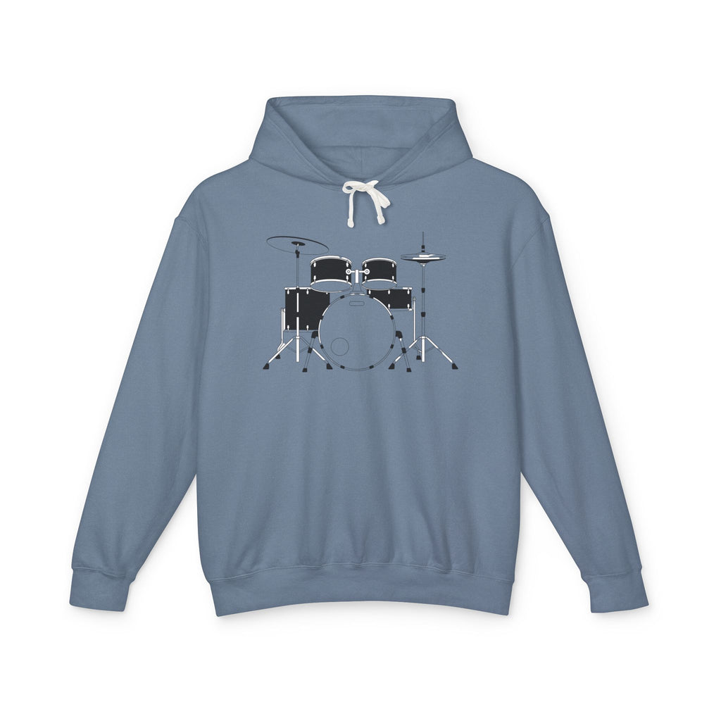 Drum Set Hoodie — Minimalist Black Drum Kit Graphic Hooded Sweatshirt for Musicians