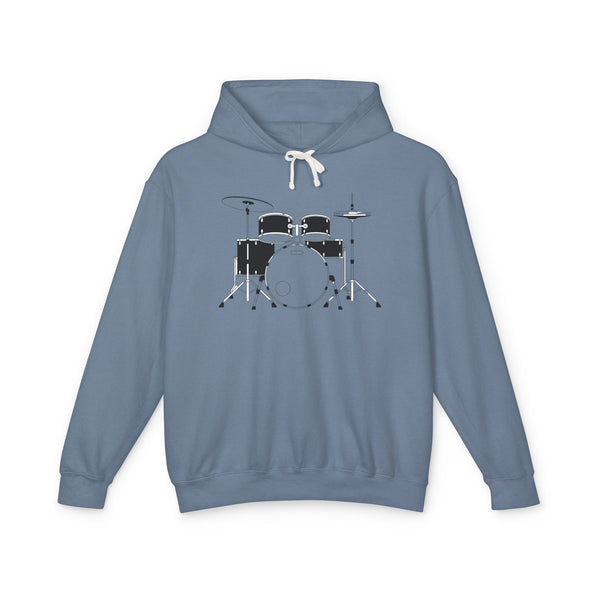 Drum Set Hoodie — Minimalist Black Drum Kit Graphic Hooded Sweatshirt for Musicians