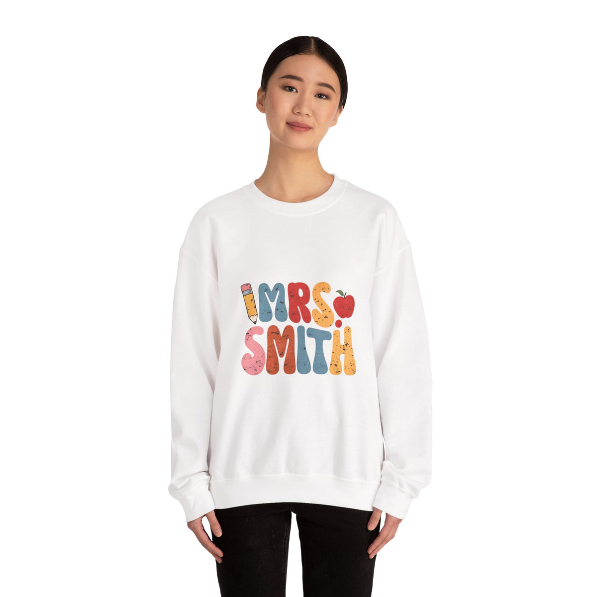 Mrs. Smith Teacher Sweatshirt — Cute Colorful Pencil & Apple Design Main image