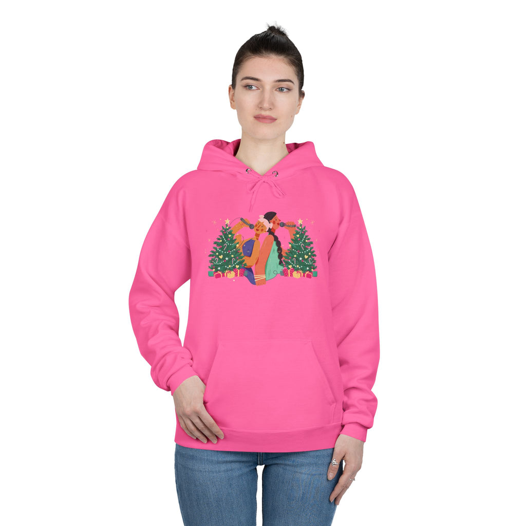 Christmas Couple Hoodie – Cozy Holiday Kiss Pullover with Trees & Gifts