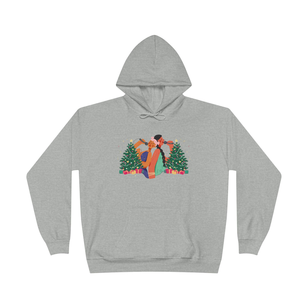 Christmas Couple Hoodie – Cozy Holiday Kiss Pullover with Trees & Gifts