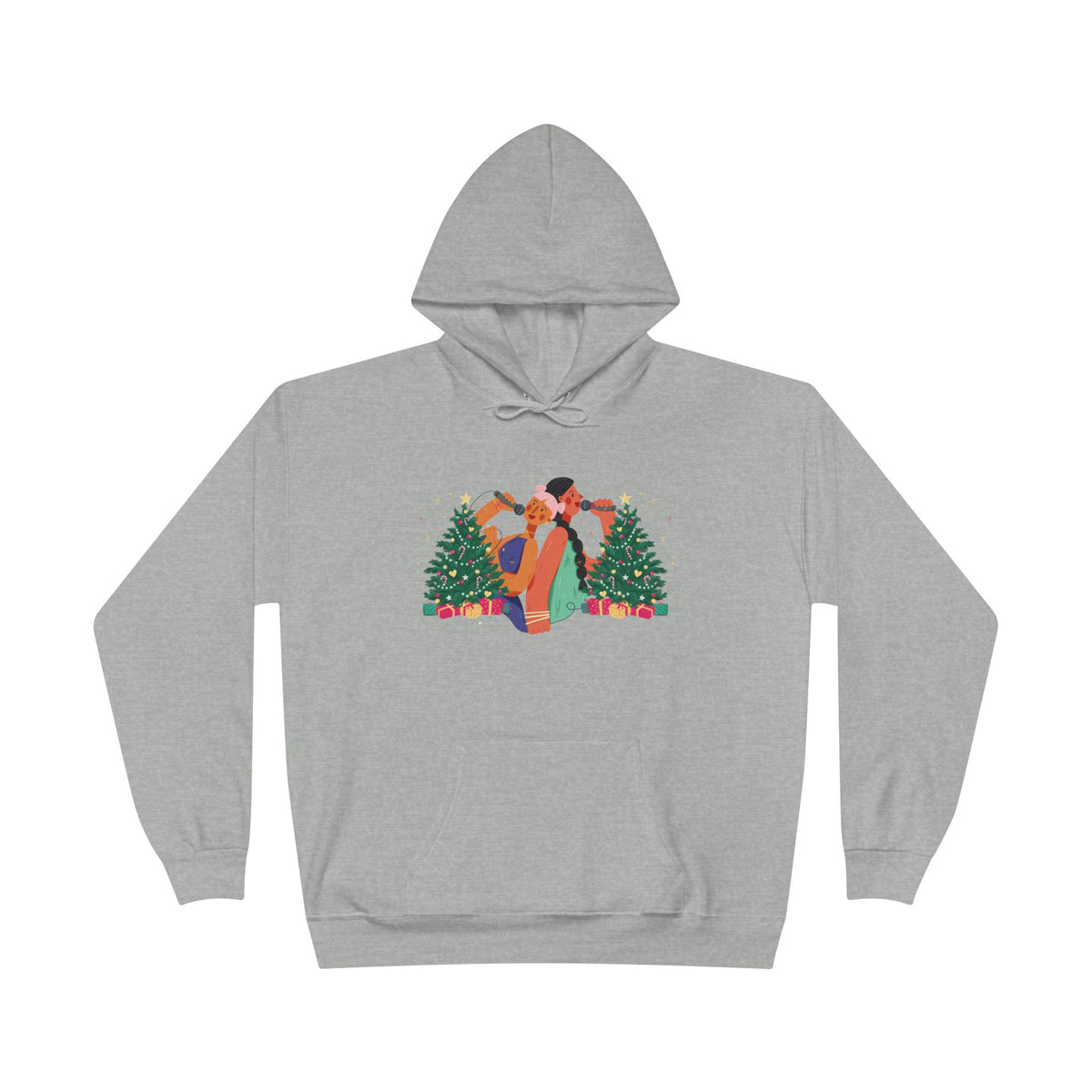 Christmas Couple Hoodie – Cozy Holiday Kiss Pullover with Trees & Gifts