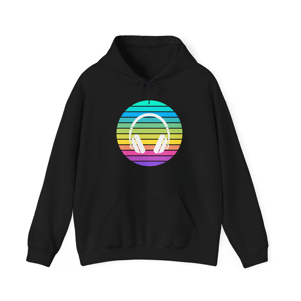 Retro Rainbow Headphones Hoodie — Vintage Music Lover Pullover