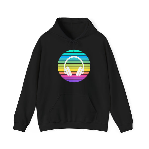 Retro Rainbow Headphones Hoodie — Vintage Music Lover Pullover