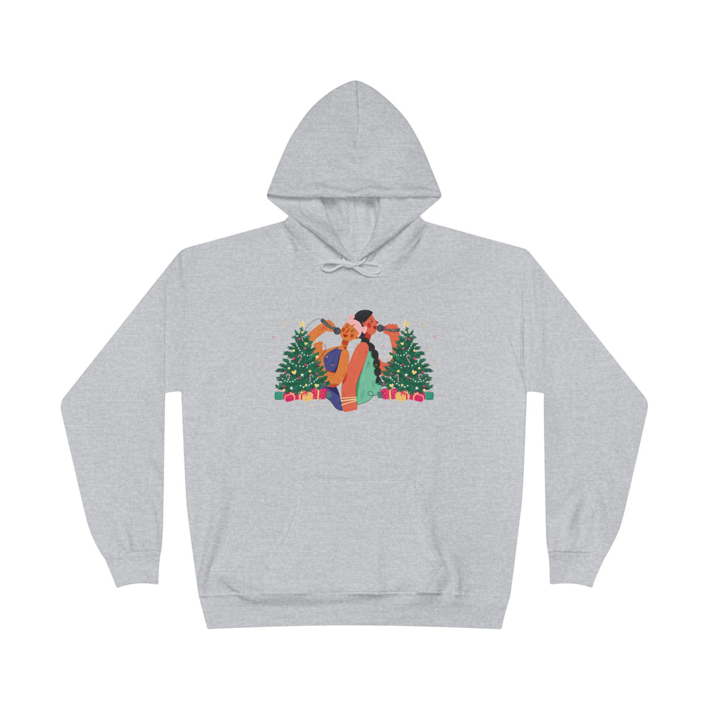 Christmas Couple Hoodie – Cozy Holiday Kiss Pullover with Trees & Gifts