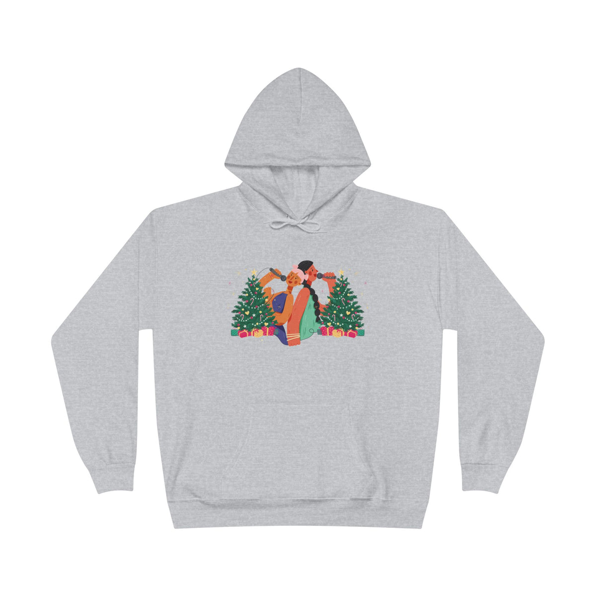 Christmas Couple Hoodie – Cozy Holiday Kiss Pullover with Trees & Gifts