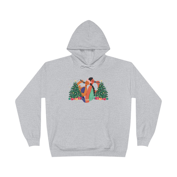 Christmas Couple Hoodie – Cozy Holiday Kiss Pullover with Trees & Gifts