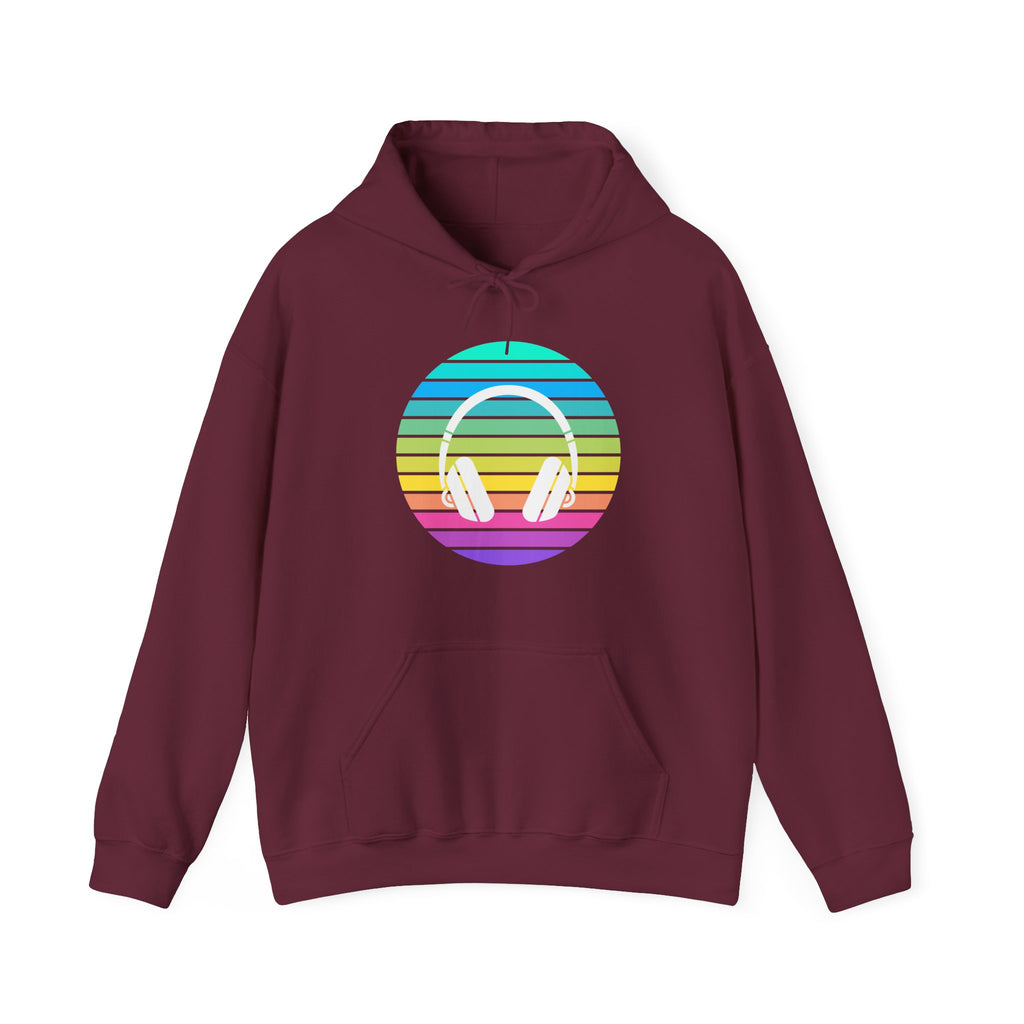 Retro Rainbow Headphones Hoodie — Vintage Music Lover Pullover