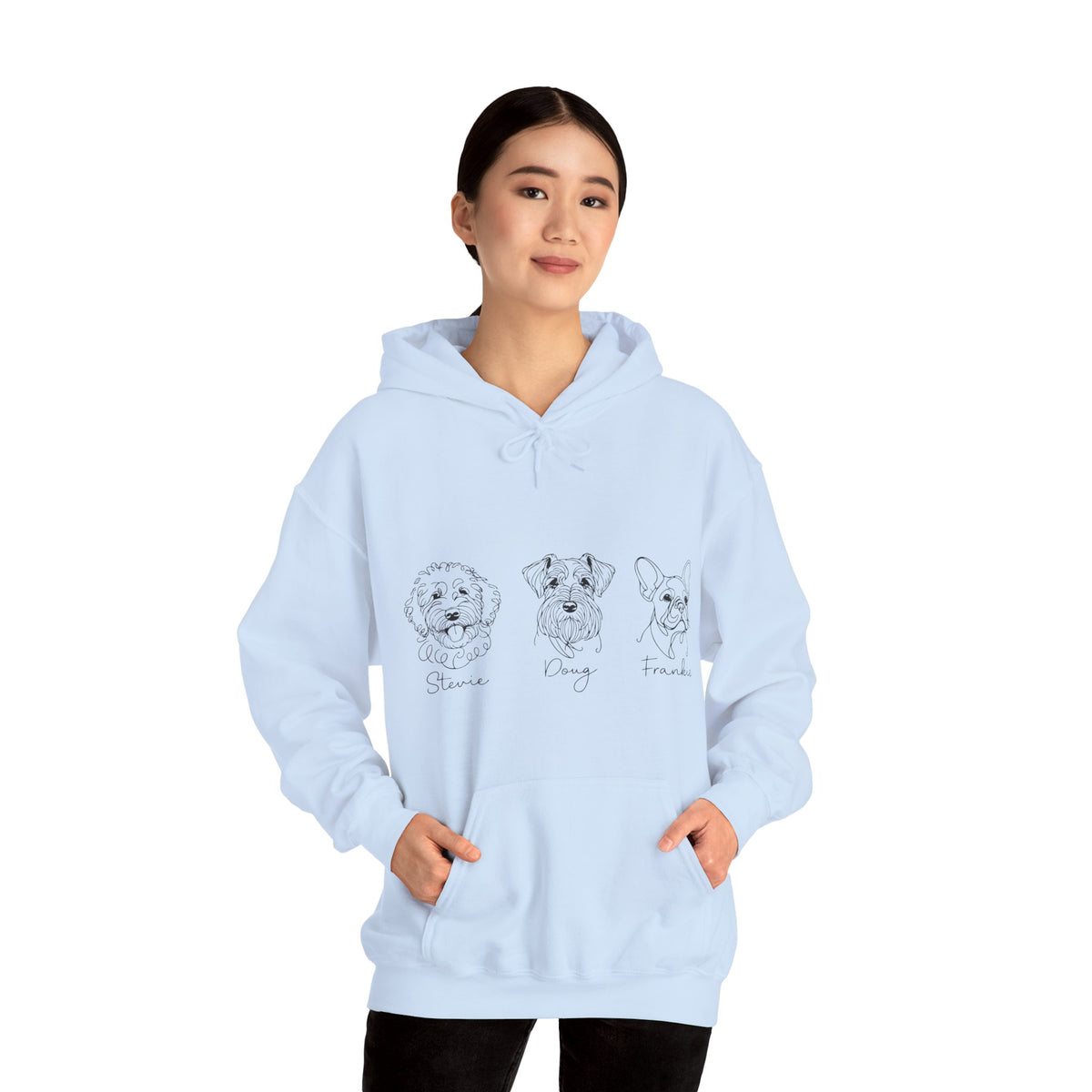 Dog Breed Trio Hoodie — Cute Hand-Drawn Puppy Faces Sweatshirt