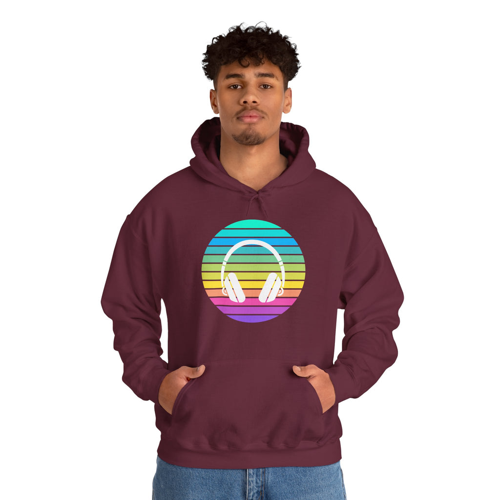 Retro Rainbow Headphones Hoodie — Vintage Music Lover Pullover