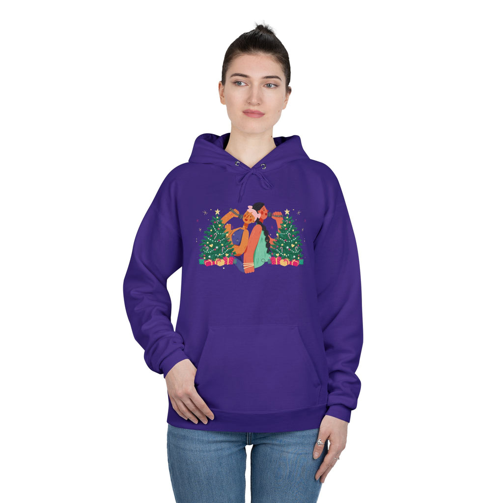 Christmas Couple Hoodie – Cozy Holiday Kiss Pullover with Trees & Gifts