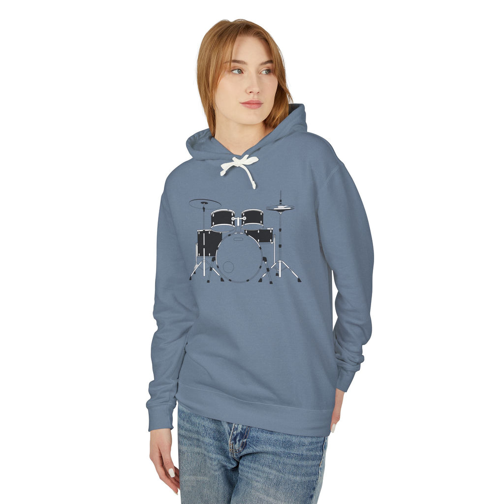 Drum Set Hoodie — Minimalist Black Drum Kit Graphic Hooded Sweatshirt for Musicians