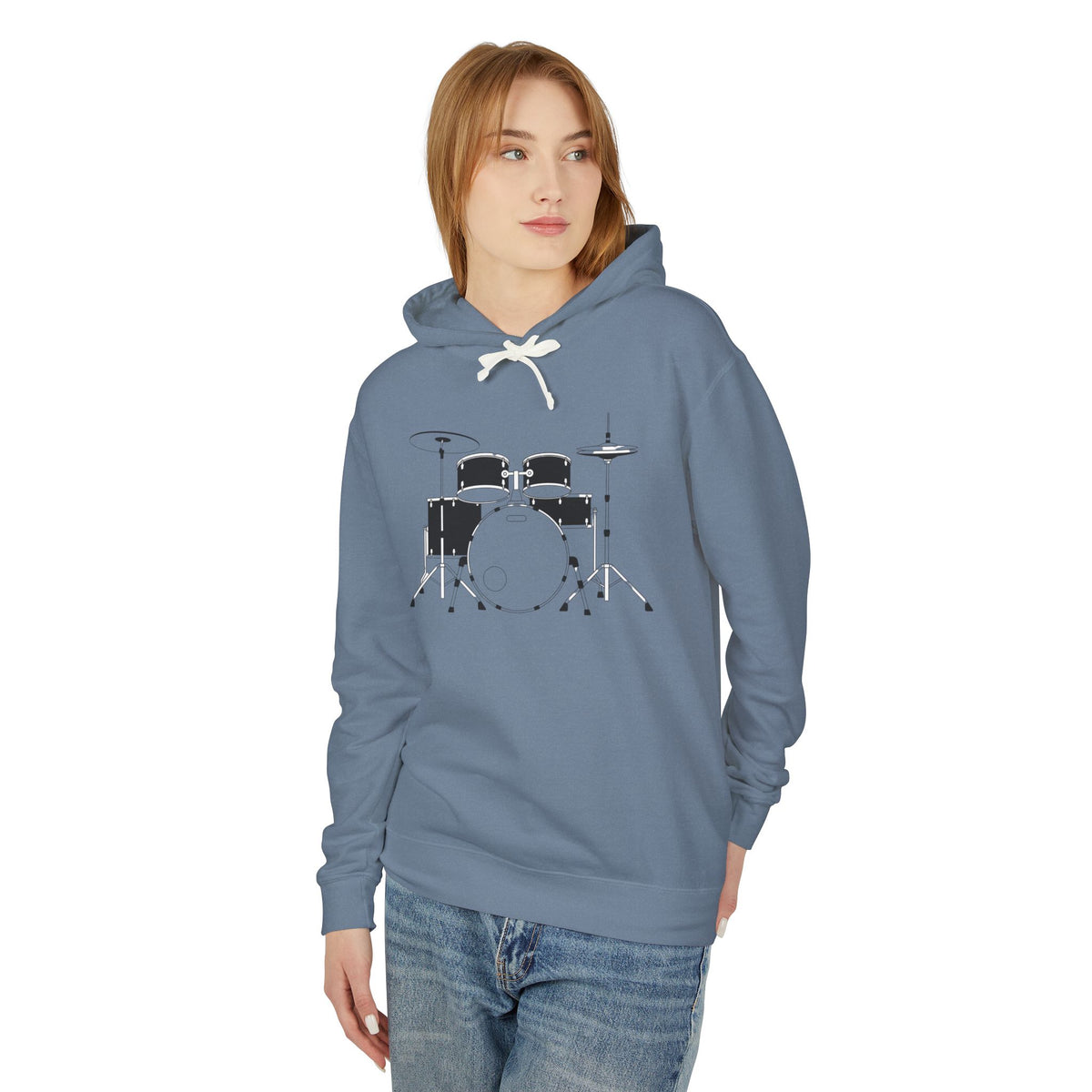 Drum Set Hoodie — Minimalist Black Drum Kit Graphic Hooded Sweatshirt for Musicians