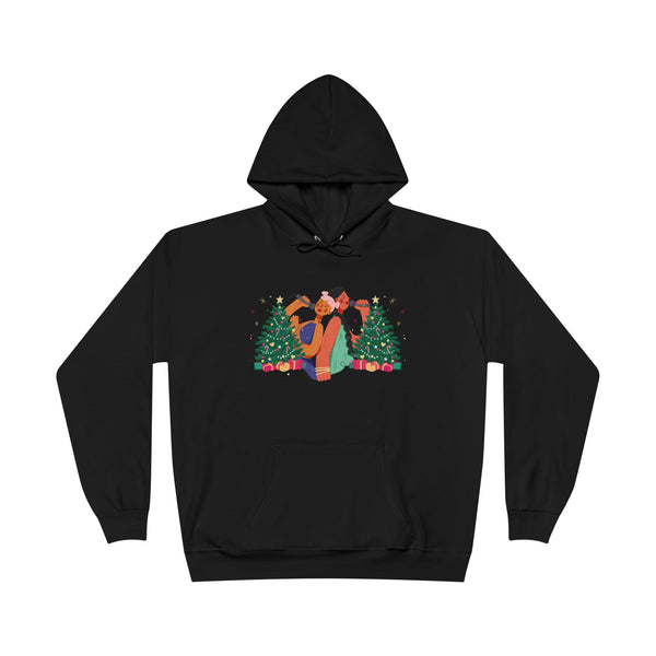 Christmas Couple Hoodie – Cozy Holiday Kiss Pullover with Trees & Gifts