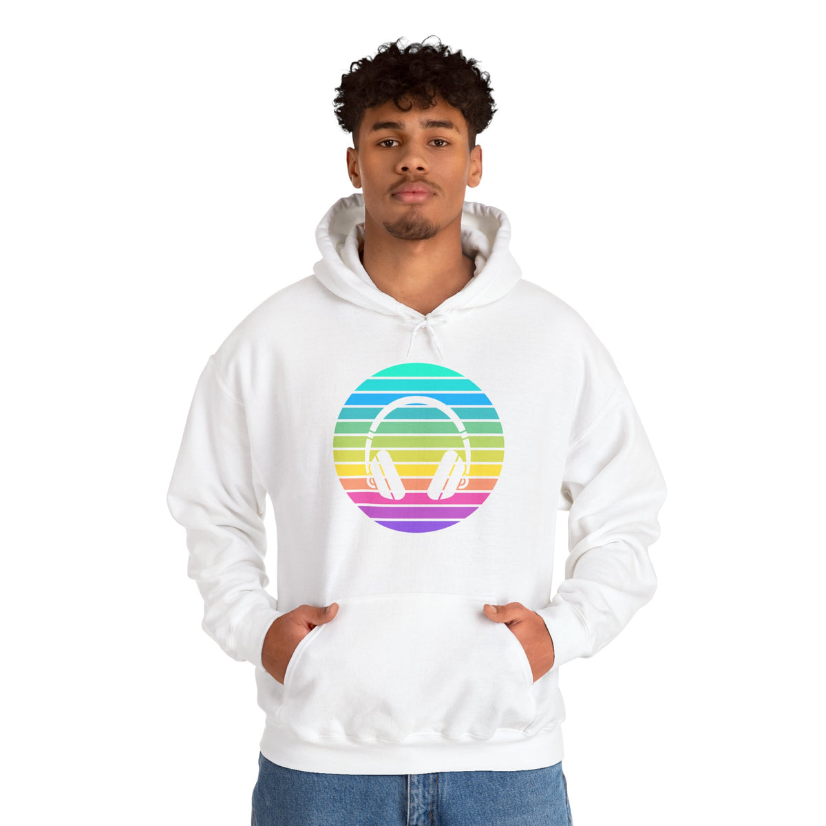 Retro Rainbow Headphones Hoodie — Vintage Music Lover Pullover