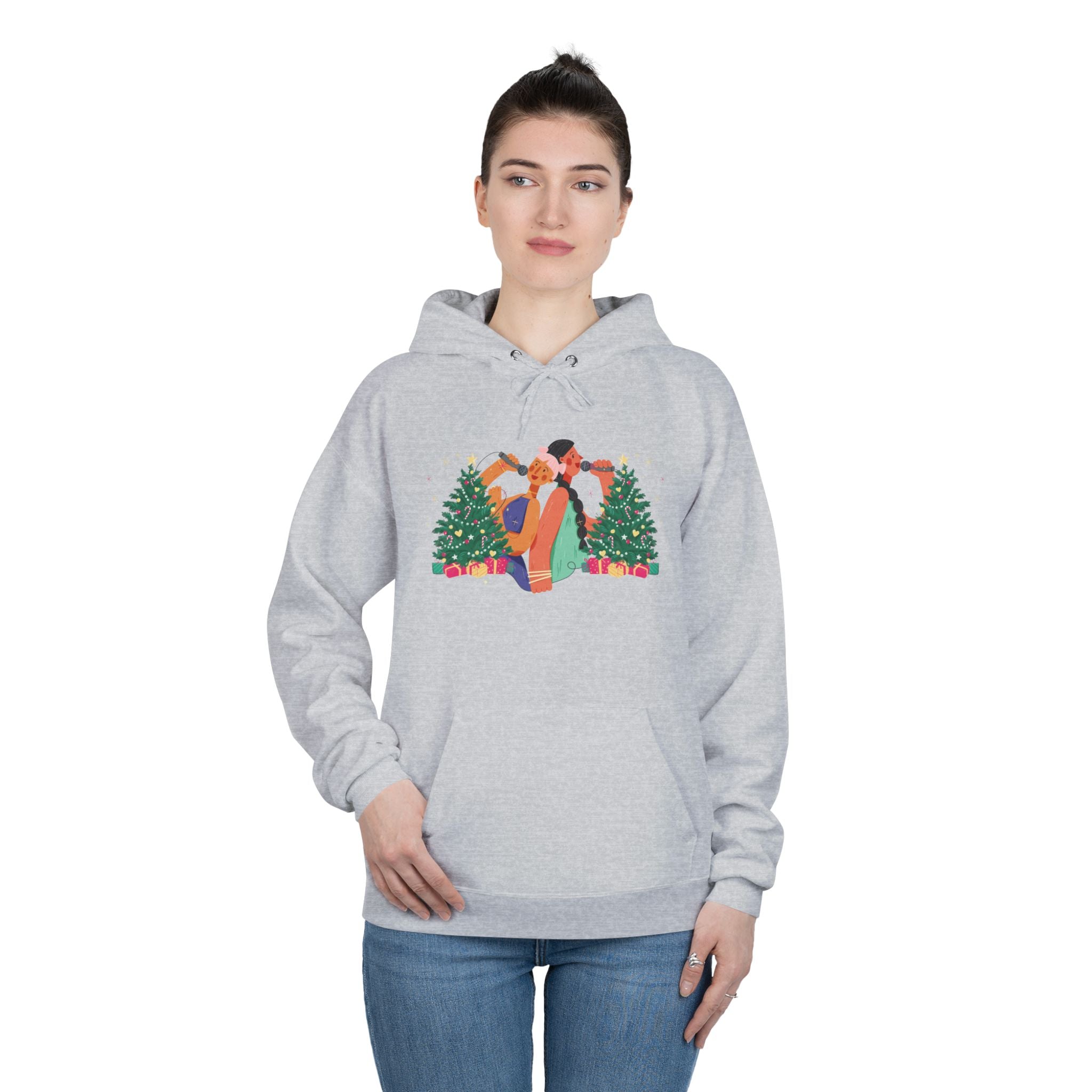 Christmas Couple Hoodie – Cozy Holiday Kiss Pullover with Trees & Gifts Secondary image