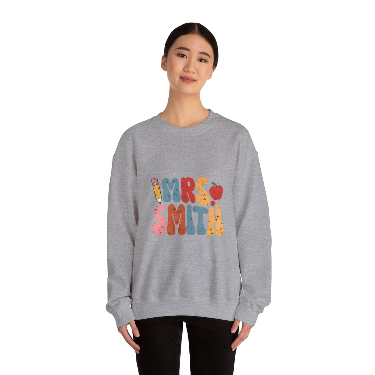 Mrs. Smith Teacher Sweatshirt — Cute Colorful Pencil & Apple Design