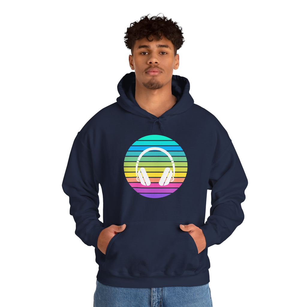 Retro Rainbow Headphones Hoodie — Vintage Music Lover Pullover