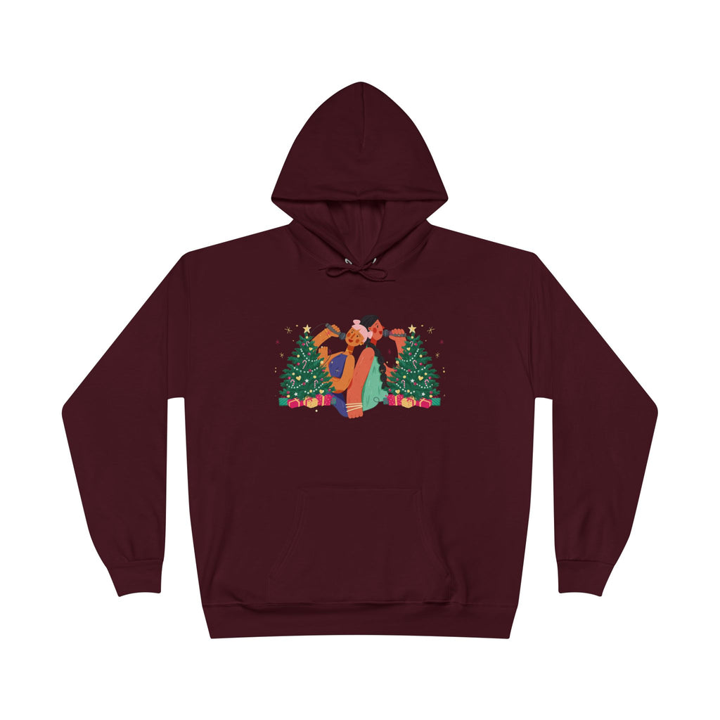 Christmas Couple Hoodie – Cozy Holiday Kiss Pullover with Trees & Gifts