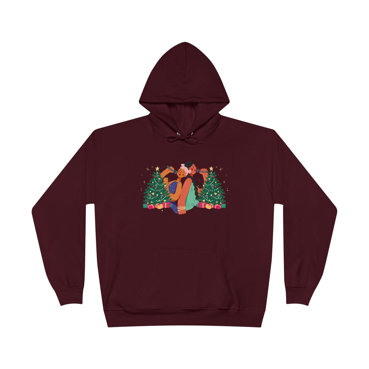 Christmas Couple Hoodie – Cozy Holiday Kiss Pullover with Trees & Gifts