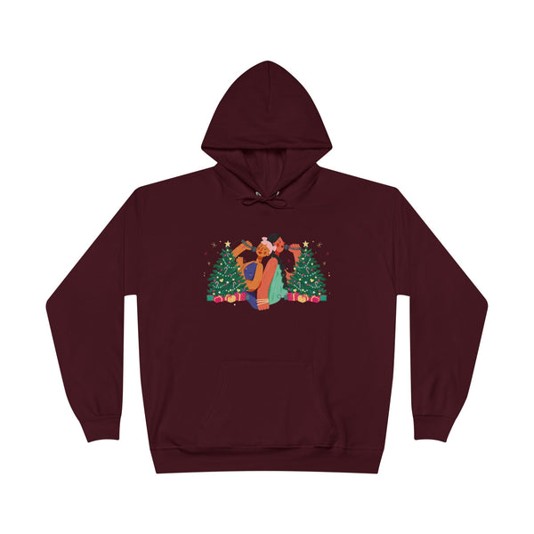 Christmas Couple Hoodie – Cozy Holiday Kiss Pullover with Trees & Gifts