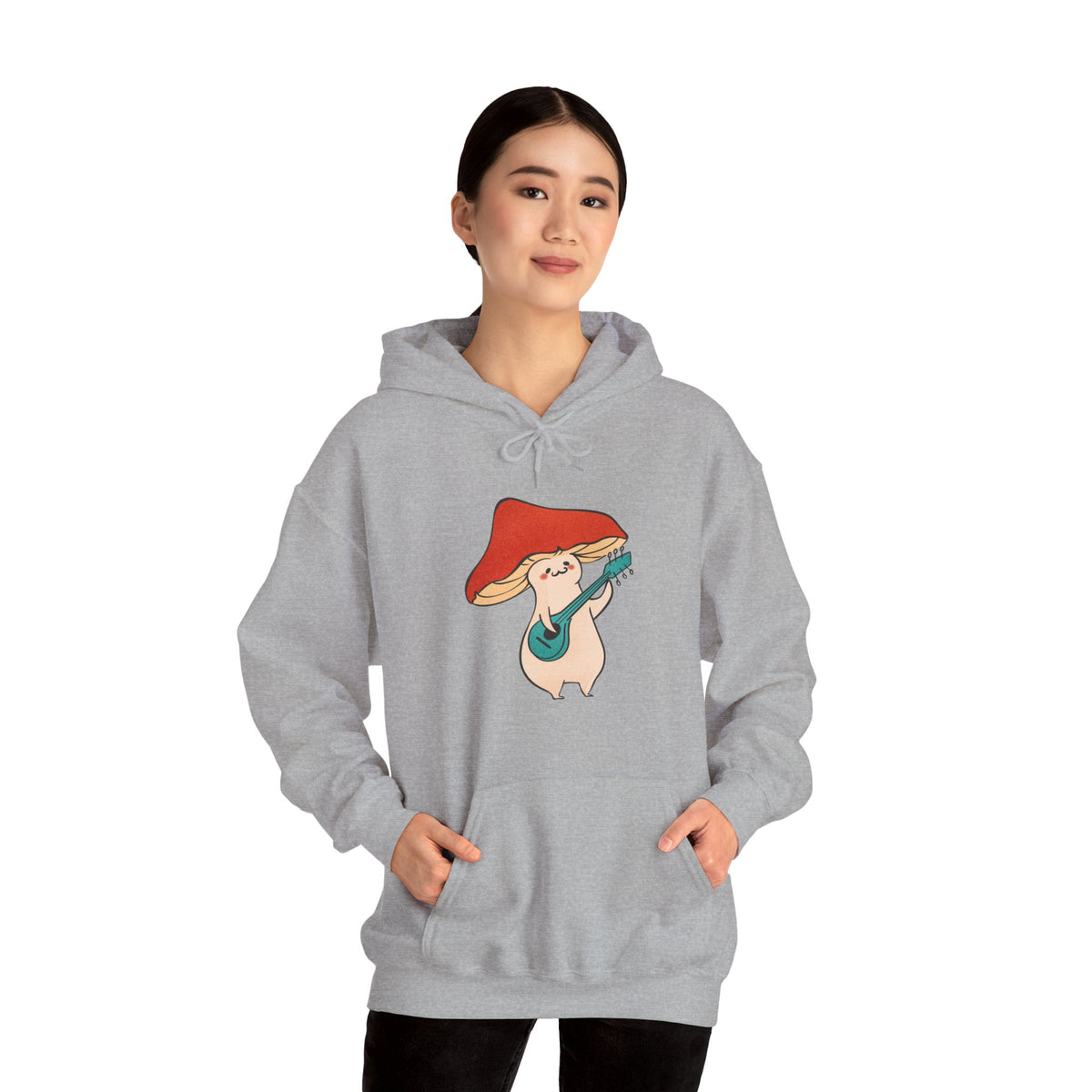 Mushroom Music Bear Hoodie — Cute Playing Guitar Illustration Pullover