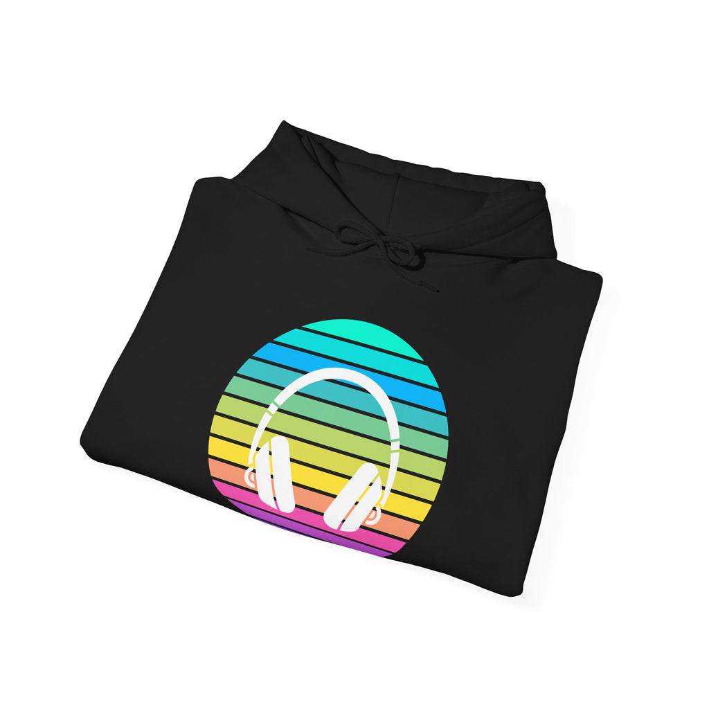 Retro Rainbow Headphones Hoodie — Vintage Music Lover Pullover