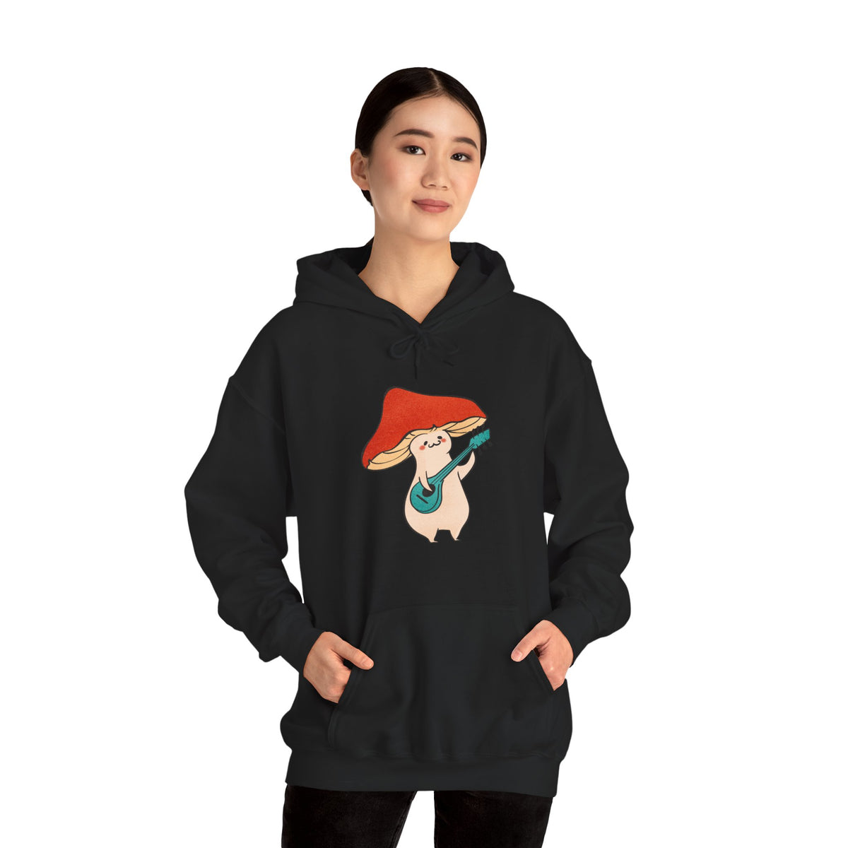 Mushroom Music Bear Hoodie — Cute Playing Guitar Illustration Pullover