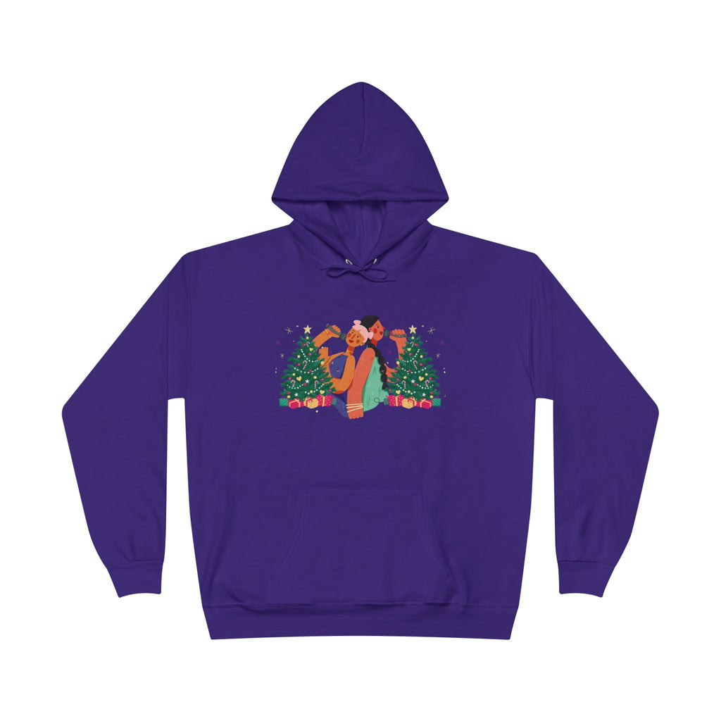 Christmas Couple Hoodie – Cozy Holiday Kiss Pullover with Trees & Gifts