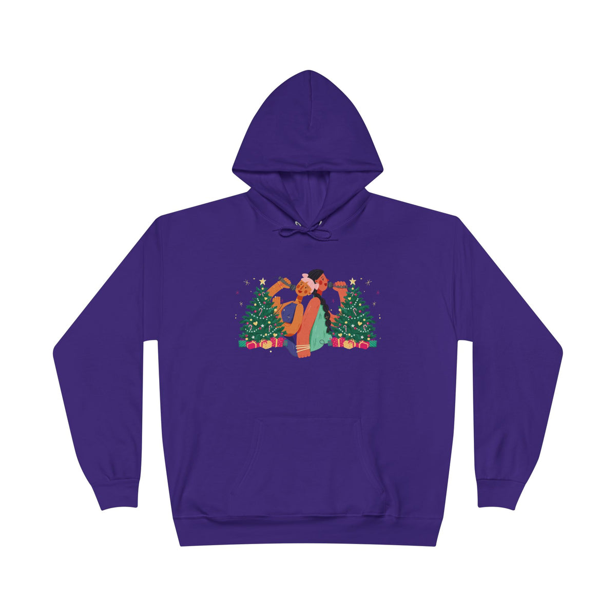 Christmas Couple Hoodie – Cozy Holiday Kiss Pullover with Trees & Gifts