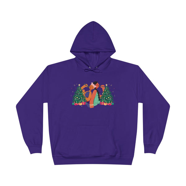 Christmas Couple Hoodie – Cozy Holiday Kiss Pullover with Trees & Gifts