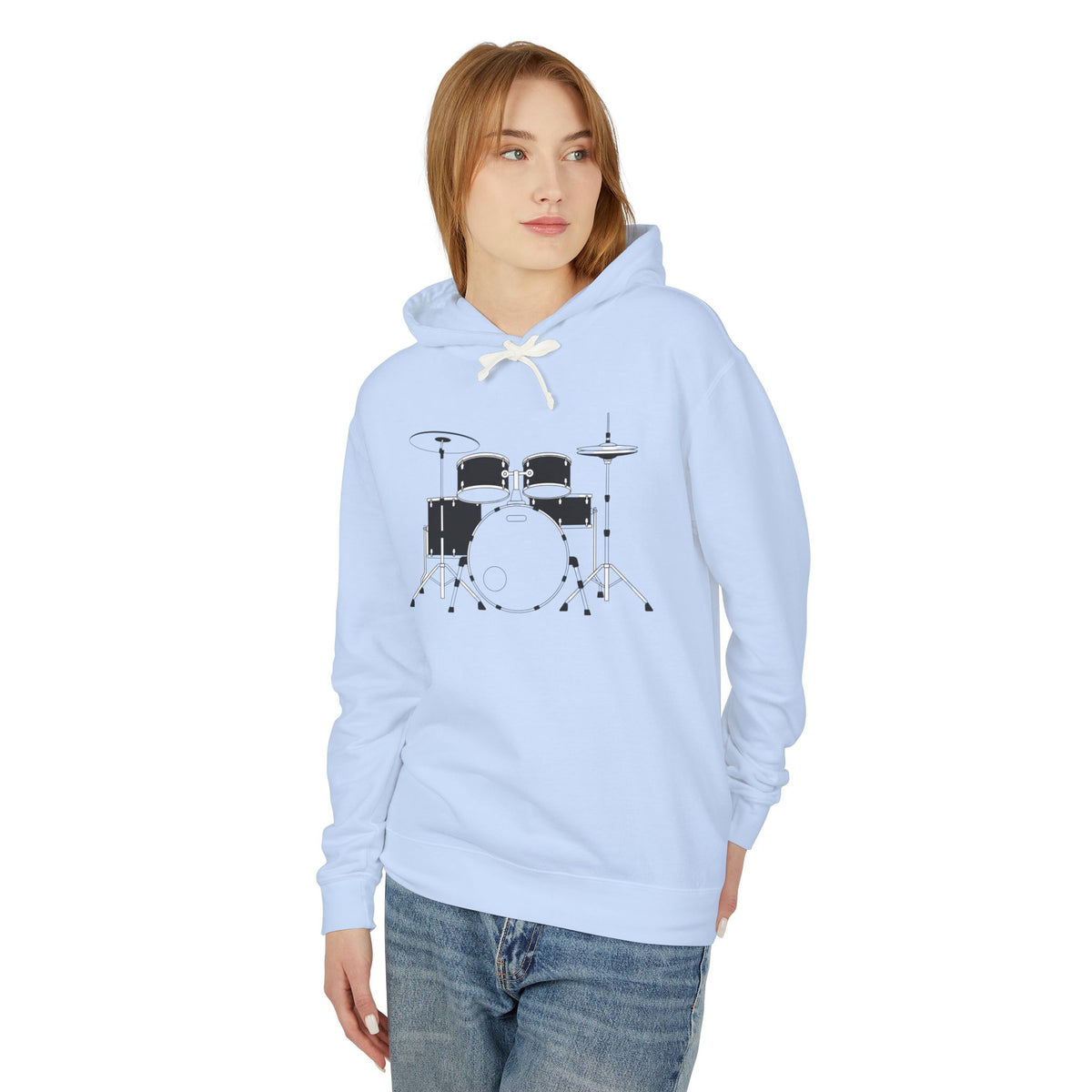 Drum Set Hoodie — Minimalist Black Drum Kit Graphic Hooded Sweatshirt for Musicians