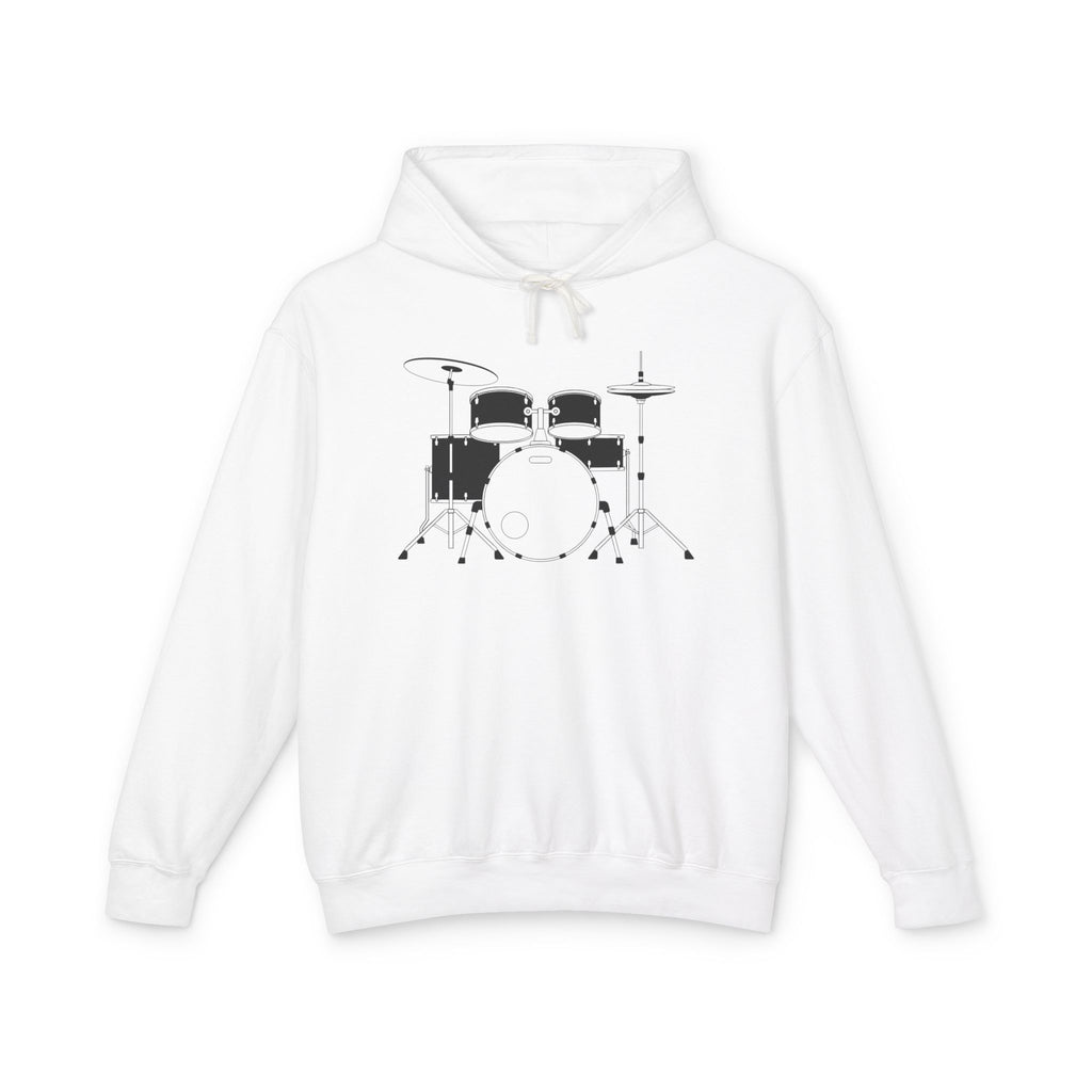 Drum Set Hoodie — Minimalist Black Drum Kit Graphic Hooded Sweatshirt for Musicians