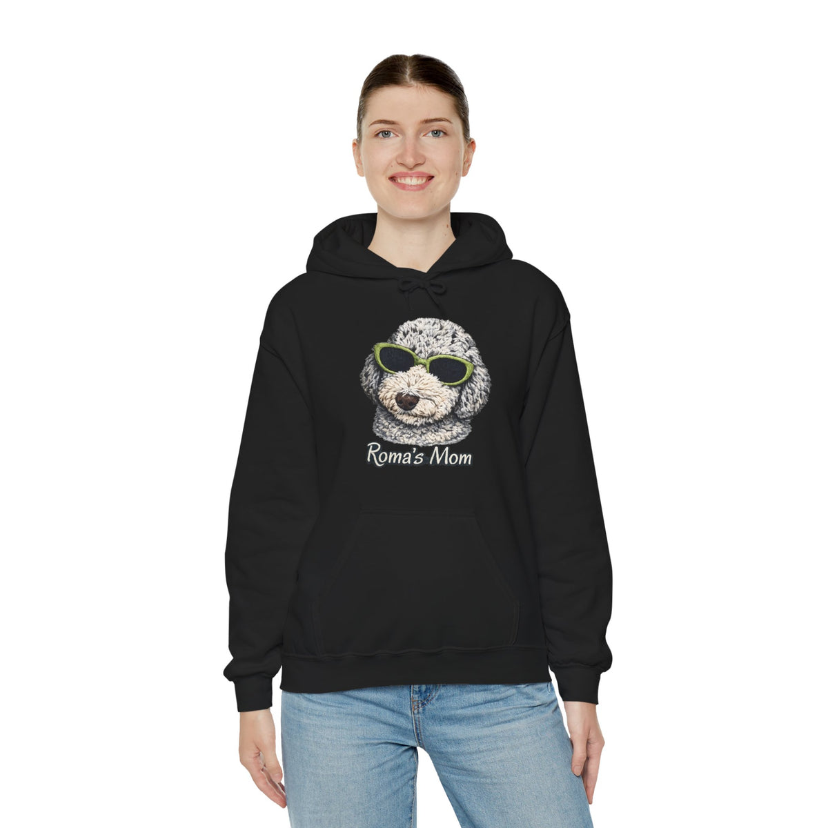 Roma’s Mom Hoodie – Cute Dog Portrait with Sunglasses, Funny Pet Mom Sweatshirt