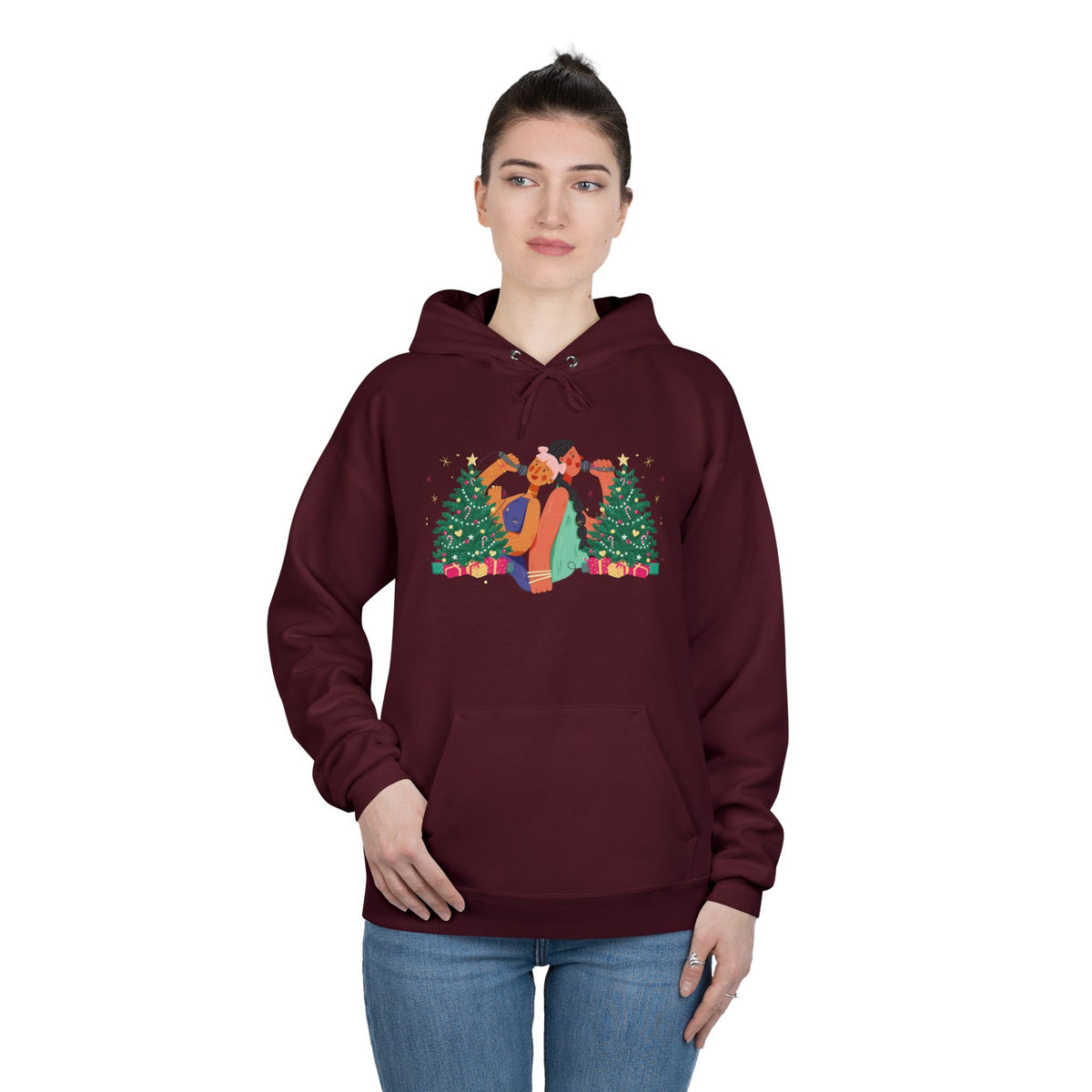 Christmas Couple Hoodie – Cozy Holiday Kiss Pullover with Trees & Gifts