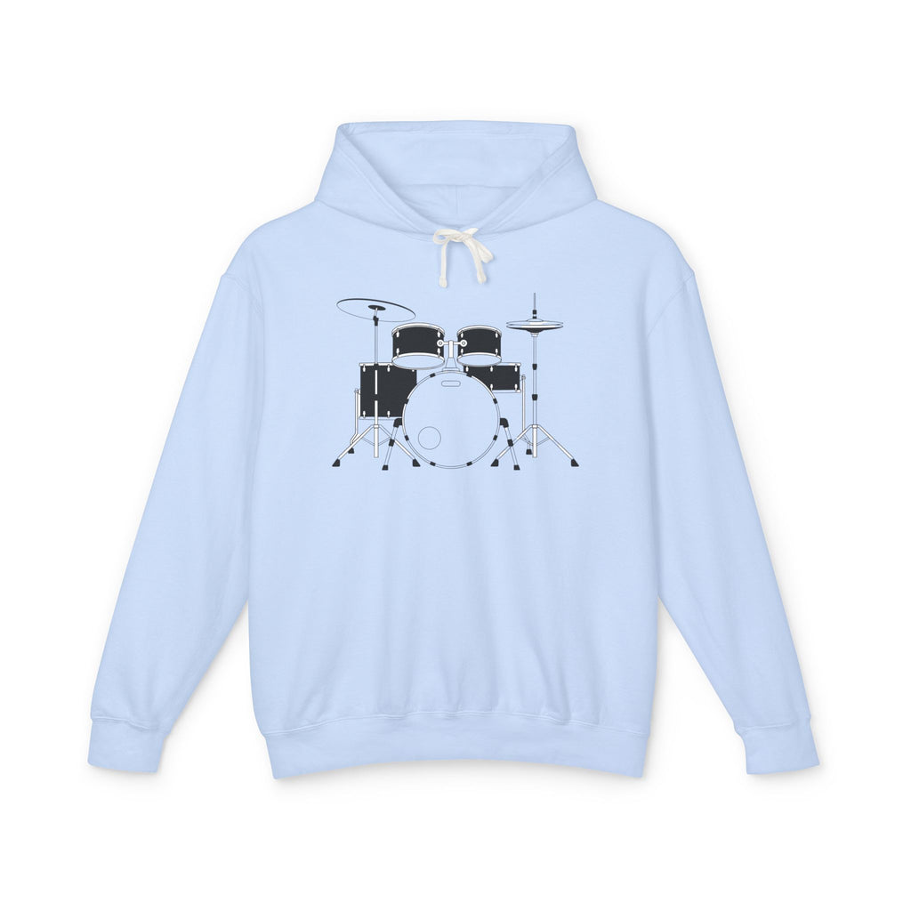 Drum Set Hoodie — Minimalist Black Drum Kit Graphic Hooded Sweatshirt for Musicians