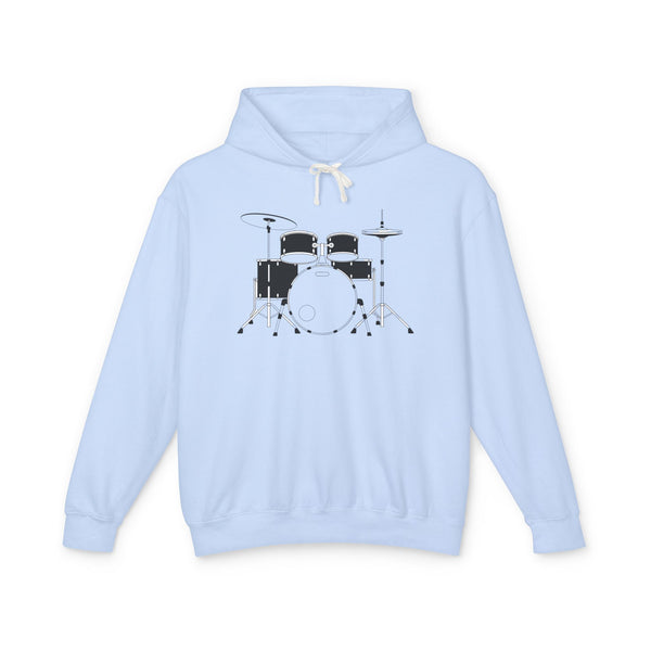 Drum Set Hoodie — Minimalist Black Drum Kit Graphic Hooded Sweatshirt for Musicians