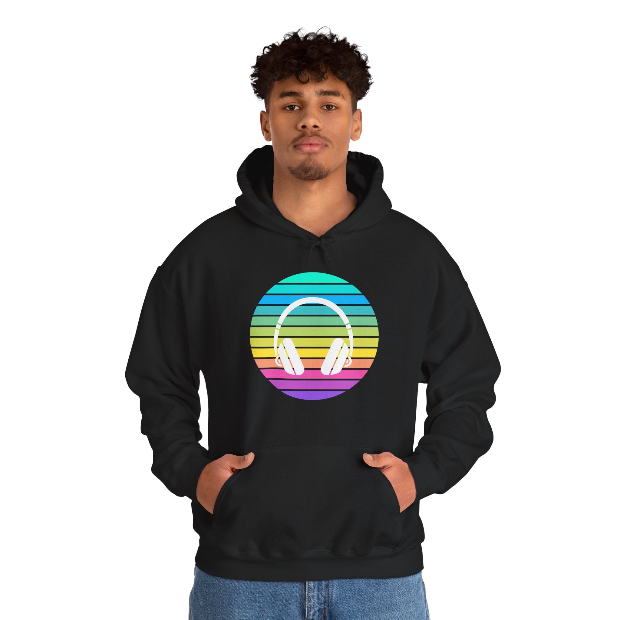 Retro Rainbow Headphones Hoodie — Vintage Music Lover Pullover Secondary image