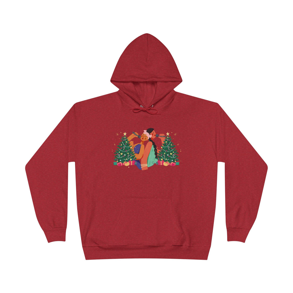 Christmas Couple Hoodie – Cozy Holiday Kiss Pullover with Trees & Gifts