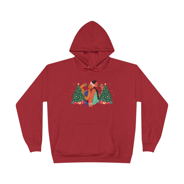 Christmas Couple Hoodie – Cozy Holiday Kiss Pullover with Trees & Gifts
