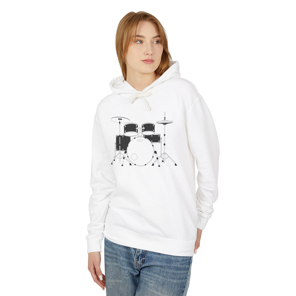 Drum Set Hoodie — Minimalist Black Drum Kit Graphic Hooded Sweatshirt for Musicians