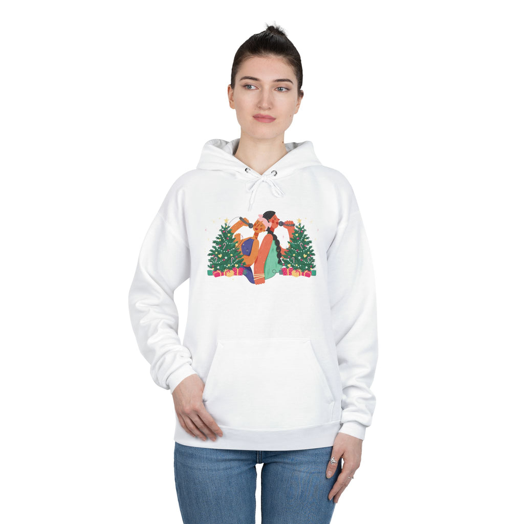 Christmas Couple Hoodie – Cozy Holiday Kiss Pullover with Trees & Gifts