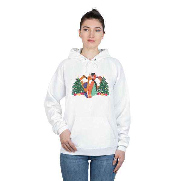 Christmas Couple Hoodie – Cozy Holiday Kiss Pullover with Trees & Gifts