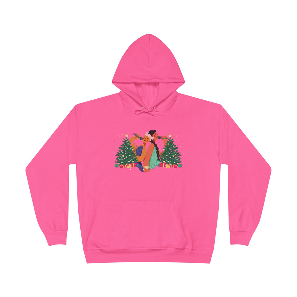 Christmas Couple Hoodie – Cozy Holiday Kiss Pullover with Trees & Gifts