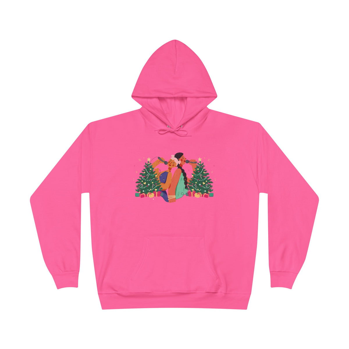 Christmas Couple Hoodie – Cozy Holiday Kiss Pullover with Trees & Gifts
