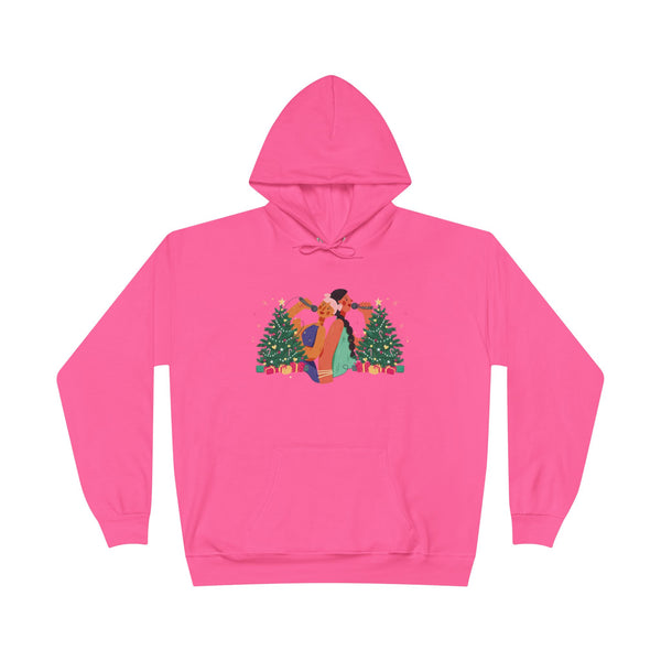 Christmas Couple Hoodie – Cozy Holiday Kiss Pullover with Trees & Gifts