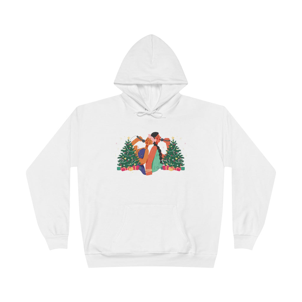 Christmas Couple Hoodie – Cozy Holiday Kiss Pullover with Trees & Gifts