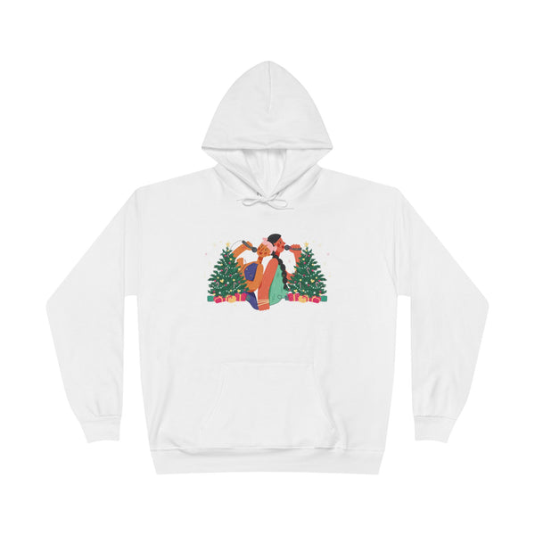 Christmas Couple Hoodie – Cozy Holiday Kiss Pullover with Trees & Gifts