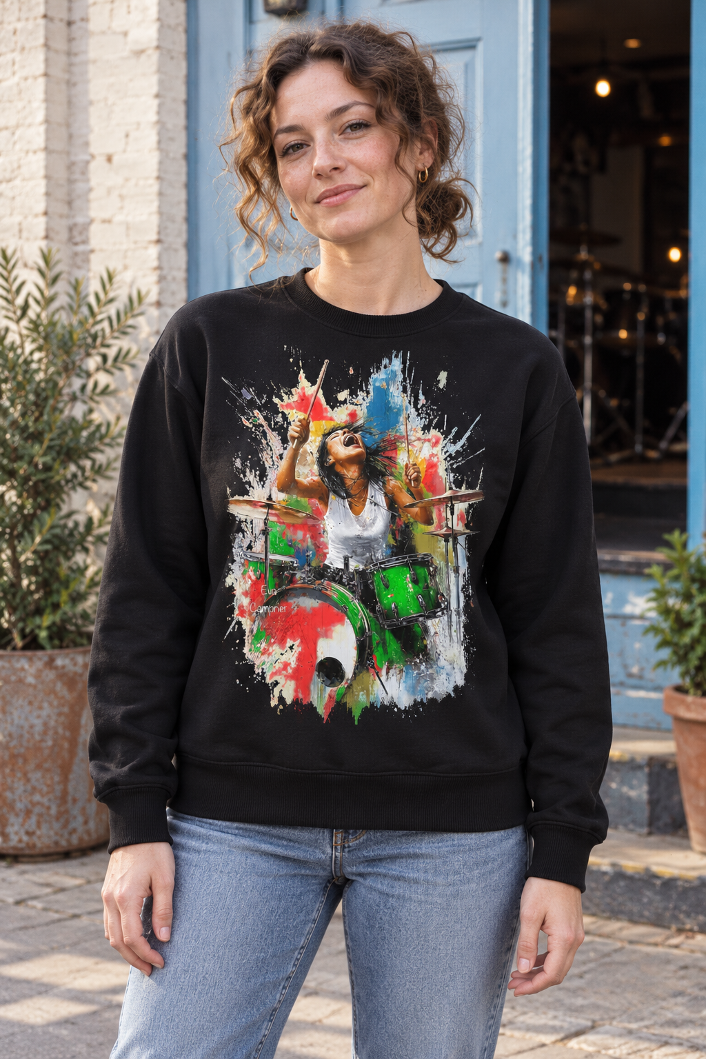 Female Drummer Paint Splash Graphic Organic Sweatshirt