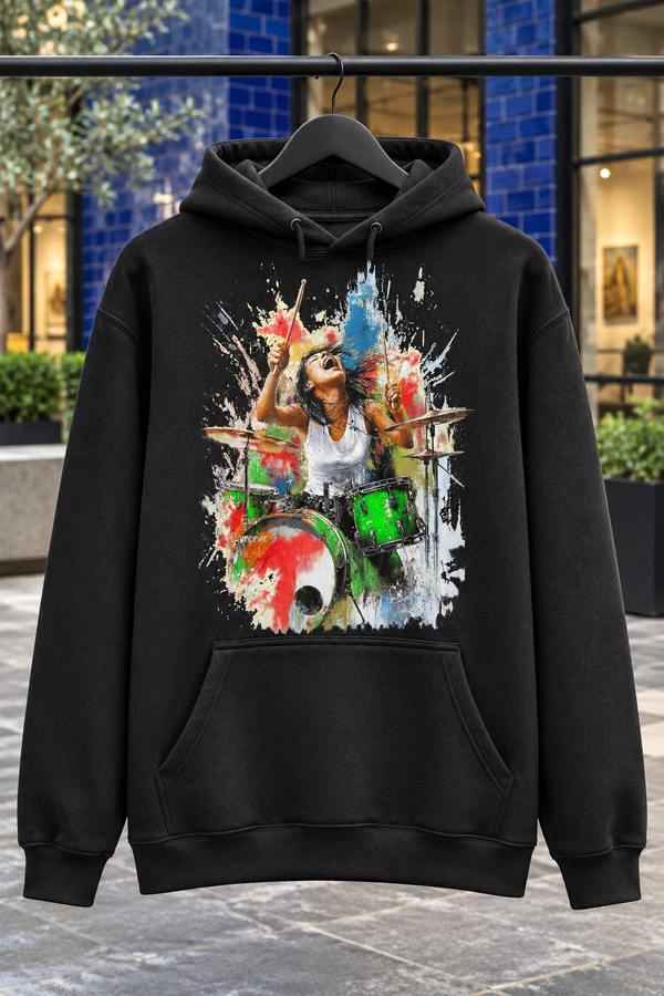 Passionate Female Drummer Paint Splash Graphic Hoodie